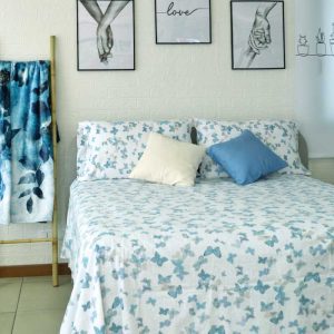Lenzuola matrimoniali flanella farfalle azzurro ambientato