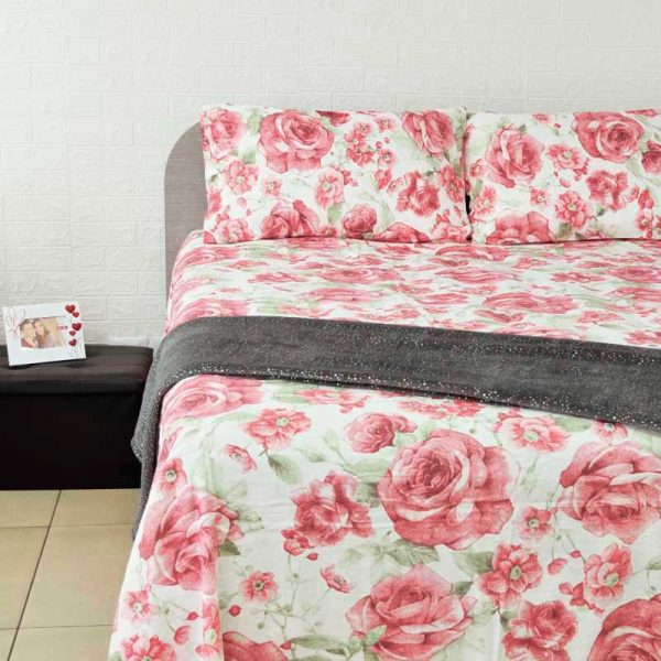 Lenzuola matrimoniali flanella big rose rosa ambientate